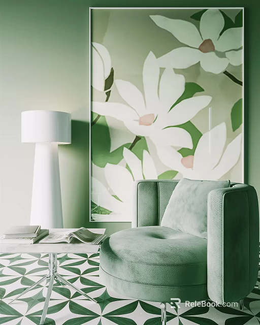 Botanical Painting With White Flowers Light Green Sofa And White Floor Lamp In Interior 3d model 