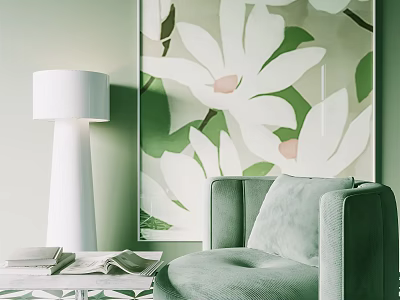 Botanical Painting With White Flowers Light Green Sofa And White Floor Lamp In Interior 3d model