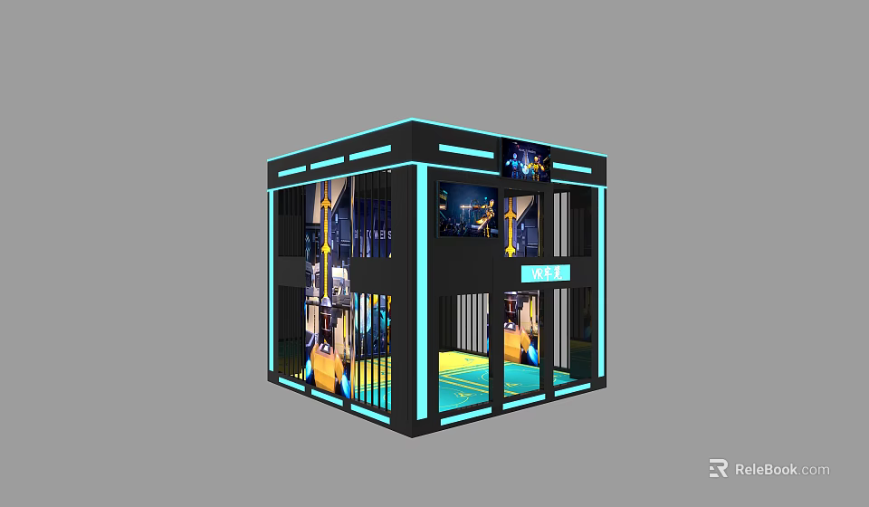 Cube Shaped Display Booth With Blue LED Lights And Transparent Glass Interior Exhibits 3d model