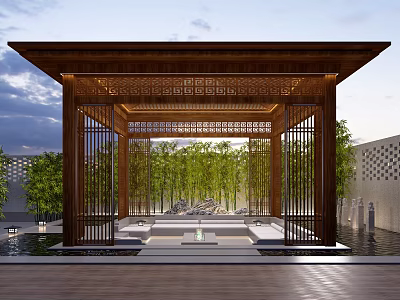 Wooden Landscape Pavilion With Lattice Roof Surrounding Bamboo Plants And Water Feature 3d model