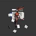Anime Female Game Character With Red Twin Ponytails Wearing Glasses Sitting On Printer Holding Papers