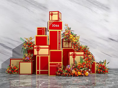 Floral Display Featuring Stacked Red Gold Gift Boxes and Orange Yellow Flowers on Marble Background 3d model