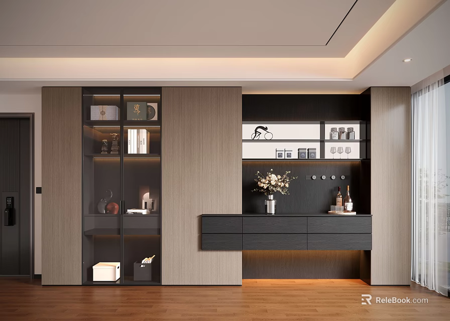 Modern Living Room Interior Decorative Cabinet With Wooden Glass Shelves Open Compartments And Decorative Items 3d model 