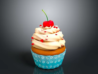 Creamy Frosting Cupcake Topped with Fresh Cherry Red Sprinkles and Blue Polka Dot Paper Case 3d model