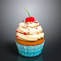Creamy Frosting Cupcake Topped with Fresh Cherry Red Sprinkles and Blue Polka Dot Paper Case