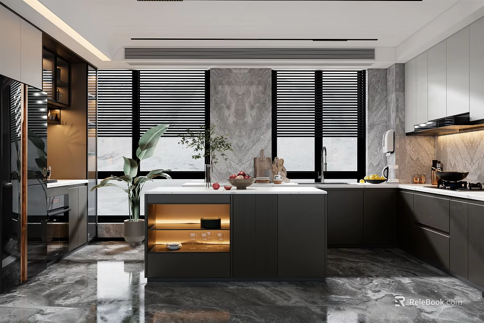 Modern Open Kitchen Interior Design With Marble Island Counter And Cabinets 3d model 