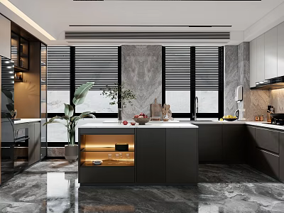 Modern Open Kitchen Interior Design With Marble Island Counter And Cabinets 3d model