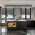 Modern Open Kitchen Interior Design With Marble Island Counter And Cabinets 3d model