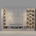 Marble TV Background Wall With Flat Screen TV Fireplace And Decorative Shelves 3d model