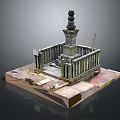 Detailed Ancient Stone Tower Structure With Pedestal Base And Surrounding Fence