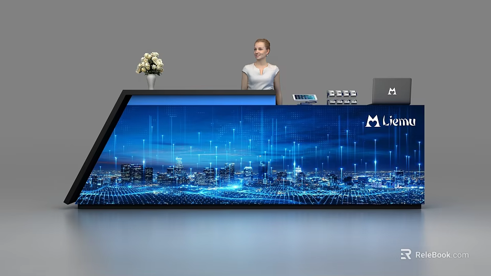 Modern Reception Desk With Blue Tech Cityscape Background And Lianu Logo 3d model 