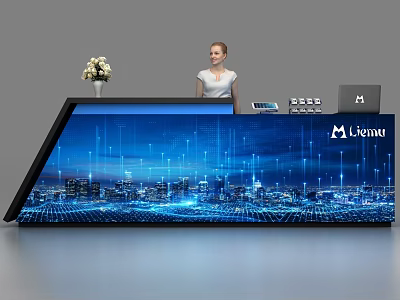 Modern Reception Desk With Blue Tech Cityscape Background And Lianu Logo 3d model