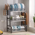 Kitchen Multi Tier Dish Rack With Plates Bowls Knives Cutting Board Fruits And Potted Plant