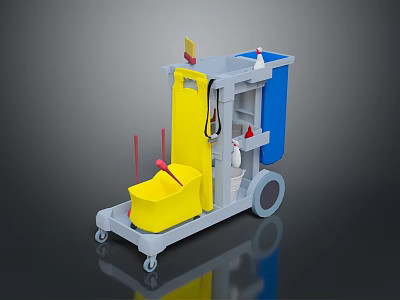 Practical Cleaning Cart With Yellow Bucket Blue Compartment Red Mop Wheels And Cleaning Supplies 3d model