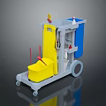 Practical Cleaning Cart With Yellow Bucket Blue Compartment Red Mop Wheels And Cleaning Supplies