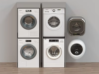 Modern Stacked and Wall Mounted Washing Machines with Various Designs and Control Panels 3d model