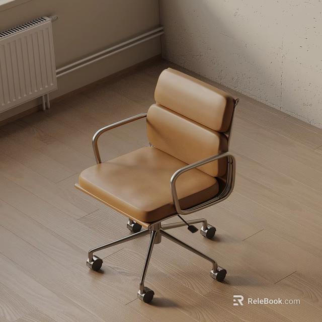 Brown Leather Office Chair With Metal Frame And Rolling Wheels For Modern Workspace 3d model 