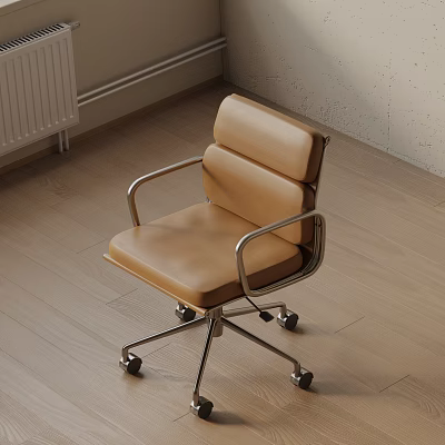 Brown Leather Office Chair With Metal Frame And Rolling Wheels For Modern Workspace 3d model