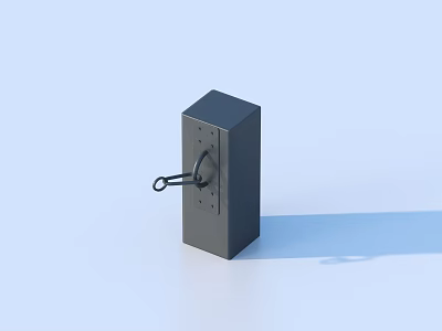 Black Cube Shaped Object With Ring Handle And Surface Holes On Light Blue Background 3d model