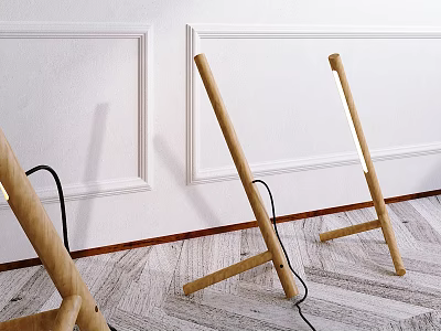 Minimalist Wooden Table Lamp with Tripod Stand Against White Wall On Wooden Floor 3d model