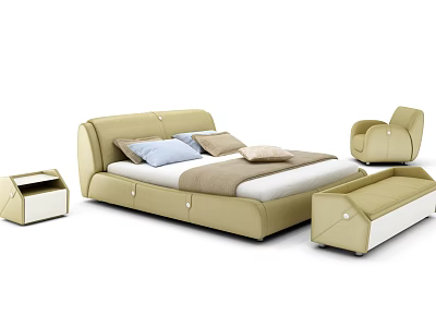 Modern Beige Double Bed With Curved Headboard Pillows Nightstand Chair And Bench 3d model