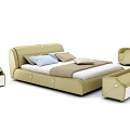 Modern Beige Double Bed With Curved Headboard Pillows Nightstand Chair And Bench