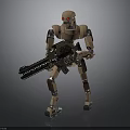 Brown Mechanical Robot With Red Eyes Holding Large Weapon In Standing Pose
