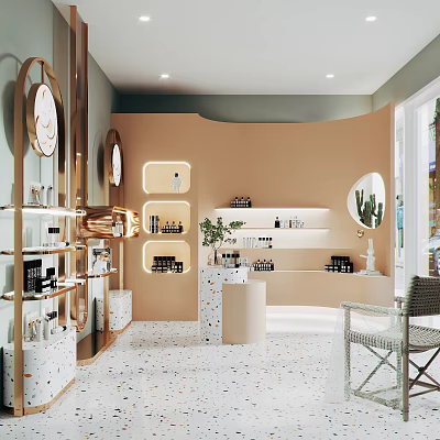 Stylish Modern Boutique Store Interior Design With Shelves Products Round Mirrors And Potted Plant 3d model