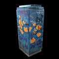 Graffiti Decorated Electrical Equipment Box With Orange Flowers And Purple Leaves On Black Background