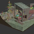 Cartoon Scene Of Modern Hillside House With Trees Swimming Pool And Patio Steps