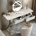 Elegant Modern Dressing Table with Marble Top Gold Legs Drawers Mirror Makeup and White Stool