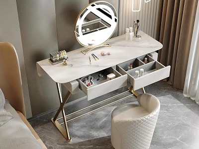 Elegant Modern Dressing Table with Marble Top Gold Legs Drawers Mirror Makeup and White Stool 3d model