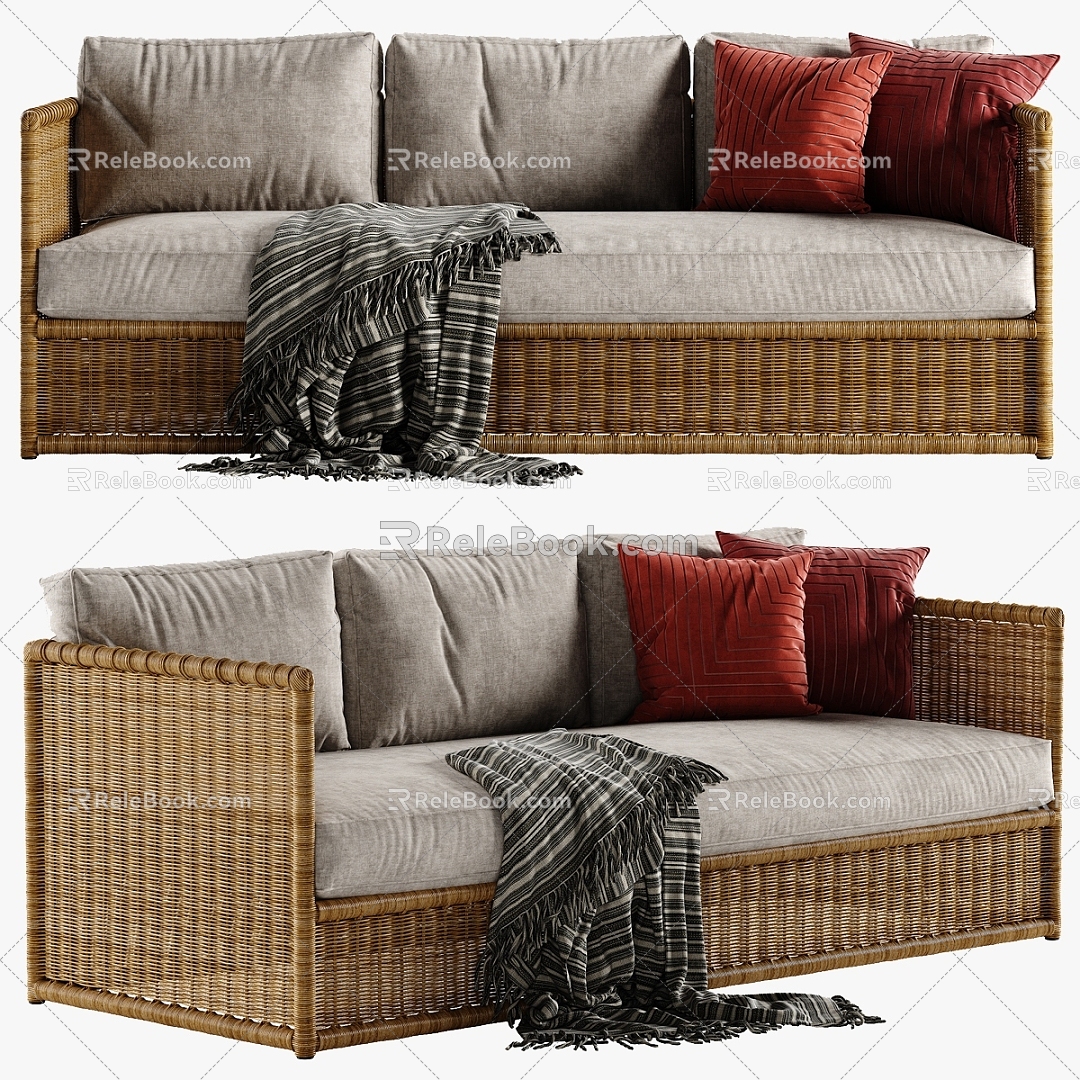 Rattan fabric double sofa 3d model