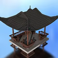 Ancient Chinese Pavilion With Traditional Wooden Structure Overhanging Eaves And Water Reflection