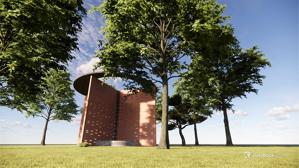 Red Brick Scenic Wall With Perforated Design Surrounded by Green Trees and Blue Sky 3d model 