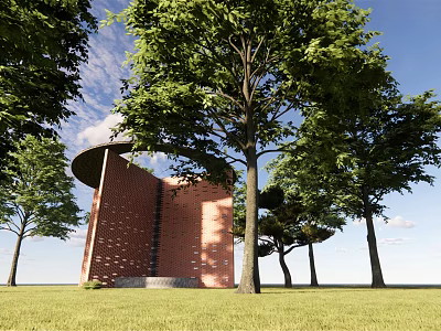Red Brick Scenic Wall With Perforated Design Surrounded by Green Trees and Blue Sky 3d model
