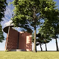 Red Brick Scenic Wall With Perforated Design Surrounded by Green Trees and Blue Sky