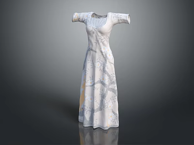 Elegant White Floral Printed Long Dress With Flowy Design And Classic Fit 3d model