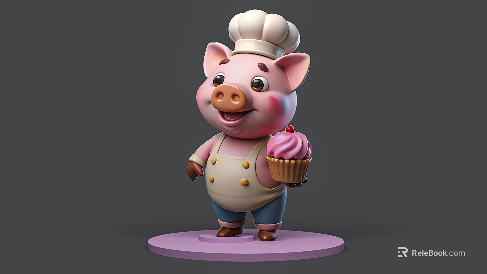 Cute Cartoon Pig Chef in Chef Uniform Holding Pink Cupcake on Base 3d model 