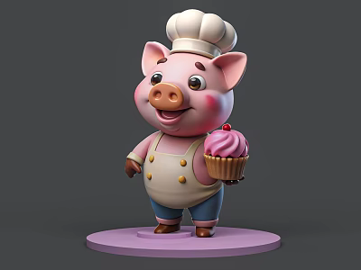 Cute Cartoon Pig Chef in Chef Uniform Holding Pink Cupcake on Base 3d model