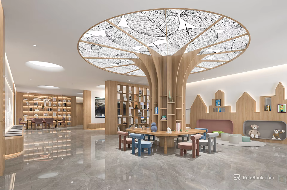Book Art Interior Design with Leaf Pattern Ceiling Wooden Bookshelves and Colorful Chairs 3d model 