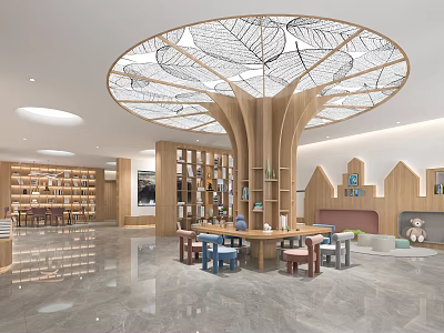 Book Art Interior Design with Leaf Pattern Ceiling Wooden Bookshelves and Colorful Chairs 3d model