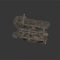 Ancient Stone Ruin Scene Structure With Ropes Wooden Platform And Metal Poles