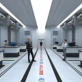 Modern Laboratory With Researchers Walking On White Floor Red Lines Workstations And Equipment
