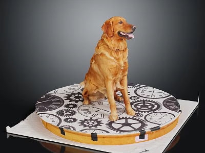 Golden Retriever Dog Sitting On Round Mat With Gear Patterns Against Black Background 3d model