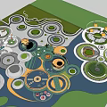 Park Landscape Seats in Circular Layout with Green Lawns and Trees