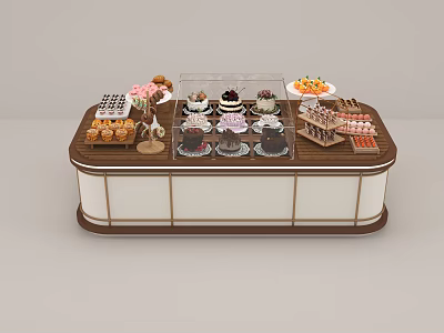 Elegant Dessert Display Counter With Cakes Macarons Fruit Platters And Glass Cover 3d model