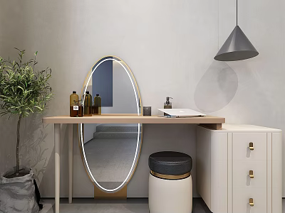 Minimalist Modern Dressing Table Design With Oval Mirror Stool Bottles And Cabinet 3d model