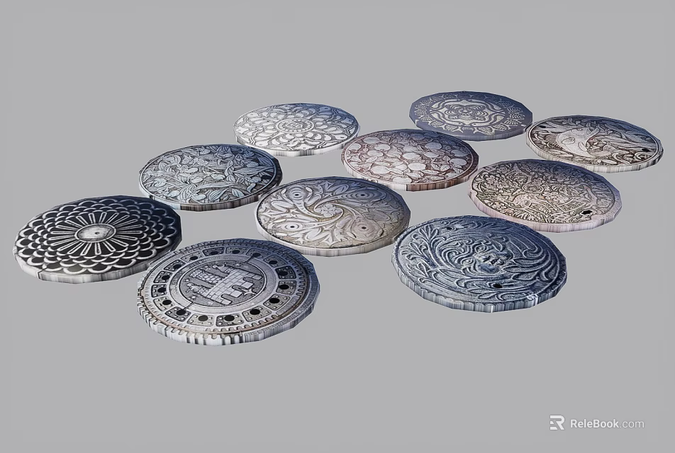 Multiple Circular Decorative Plates With Intricate Engraved Patterns Arranged Together 3d model 