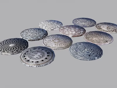 Multiple Circular Decorative Plates With Intricate Engraved Patterns Arranged Together 3d model